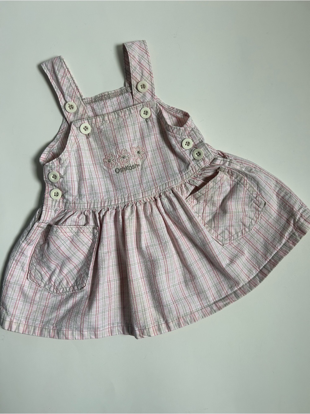 Vintage Made in Canada OshKosh Pink Plaid Button Pocket Pinafore Dress